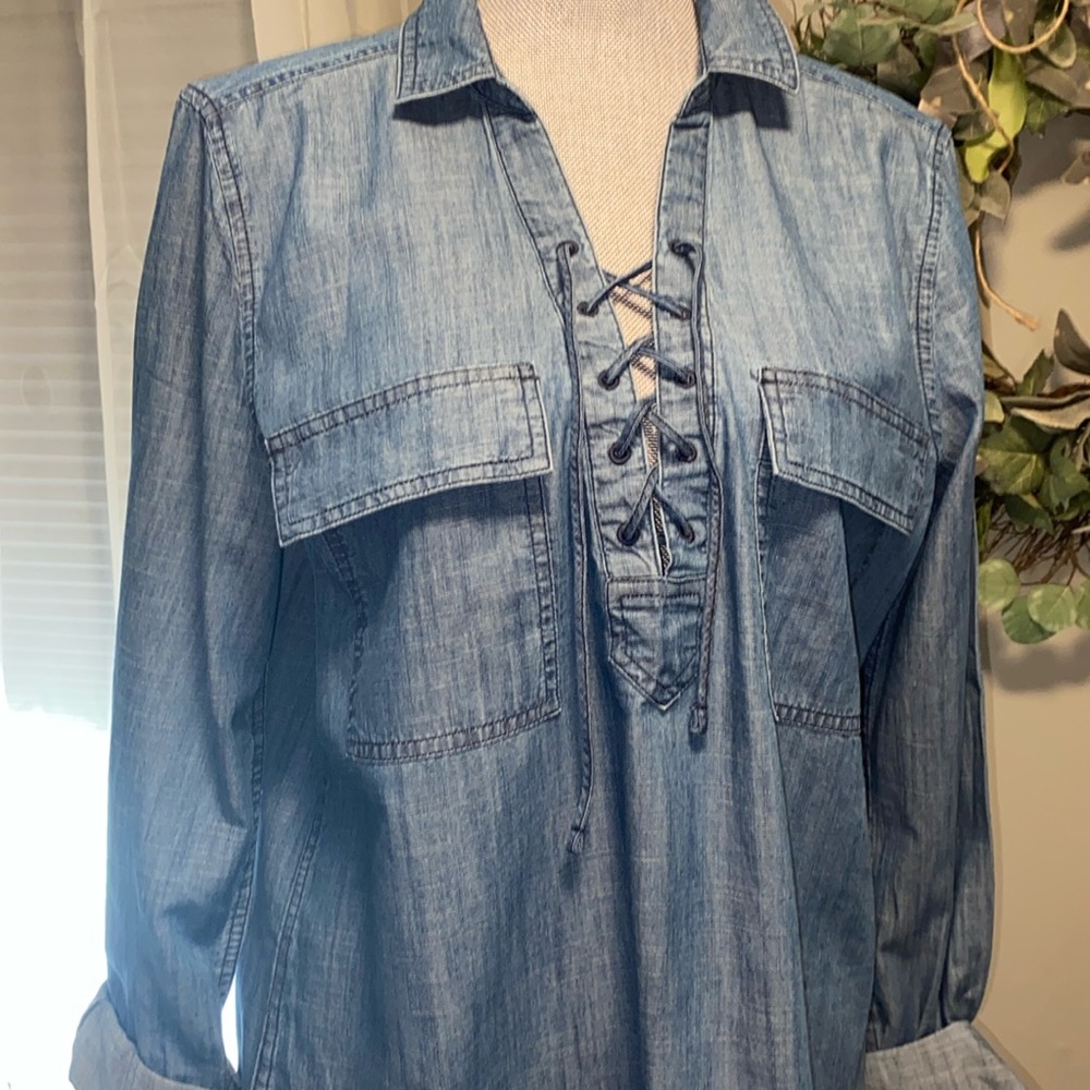 Aged faded medium wash blue lace up utility top pullover boyfriend juniors lg